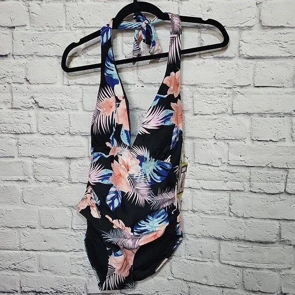 DKNY Women's Medium One Piece Tummy Control Bathing Suit Black Floral  UPF NWT‎ - Picture 2 of 7